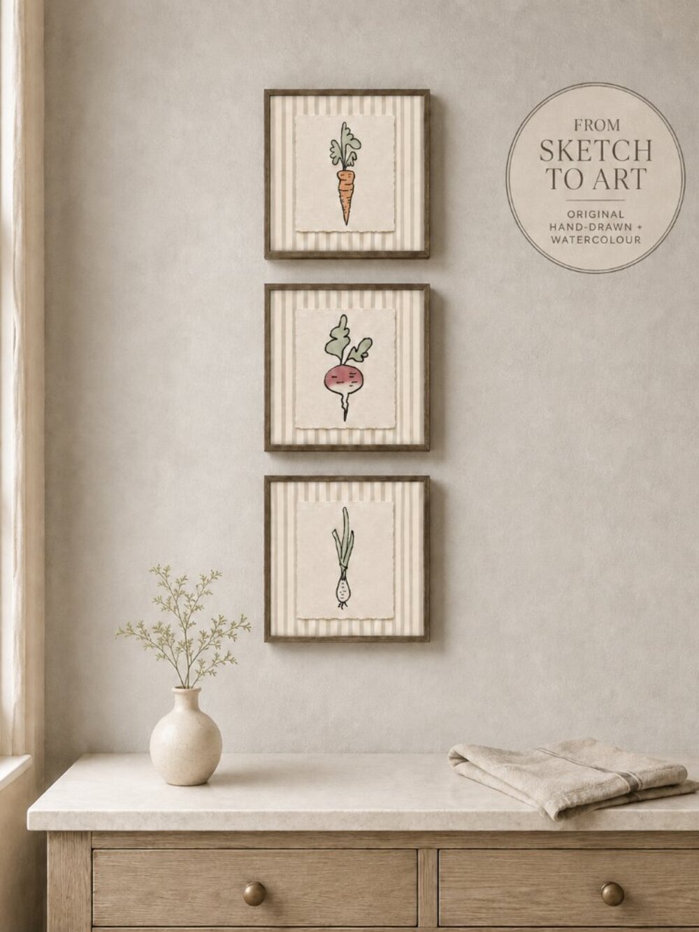 Veg Trio 5x7 Watercolour Print Set of 3, Hand-Drawn Carrot Radish Onion Framed